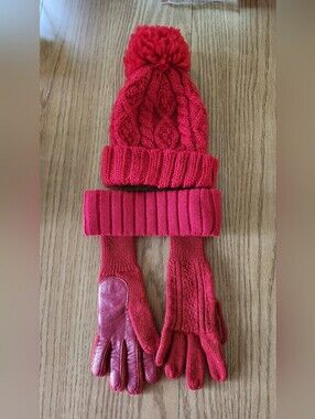 Women's Red Knit Pom Hat,Headband and Gloves